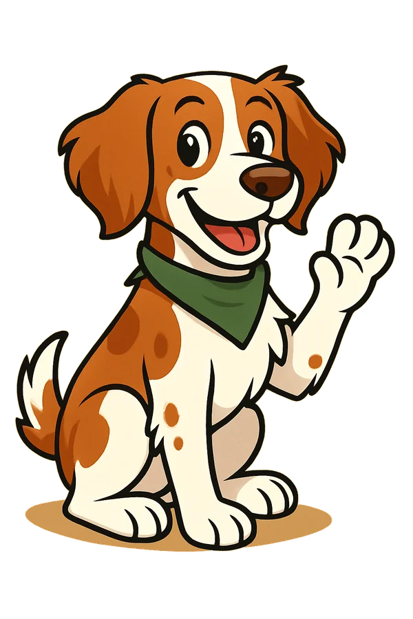 Chien de chasse cartoon (épagneul breton), oreilles tombantes, en arrêt attentif et joyeux